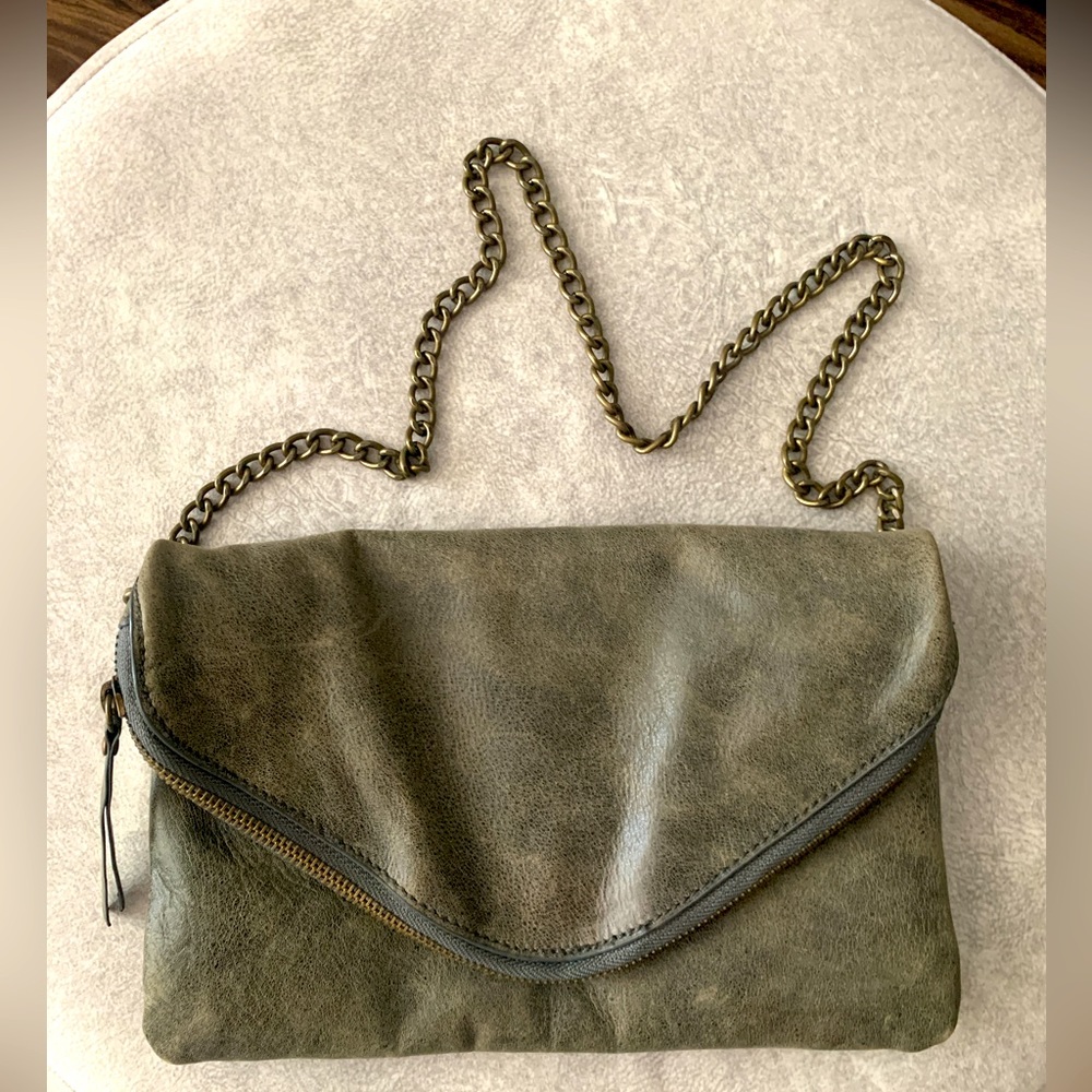 J.Crew distressed leather shoulder bag, grey/slate with chain